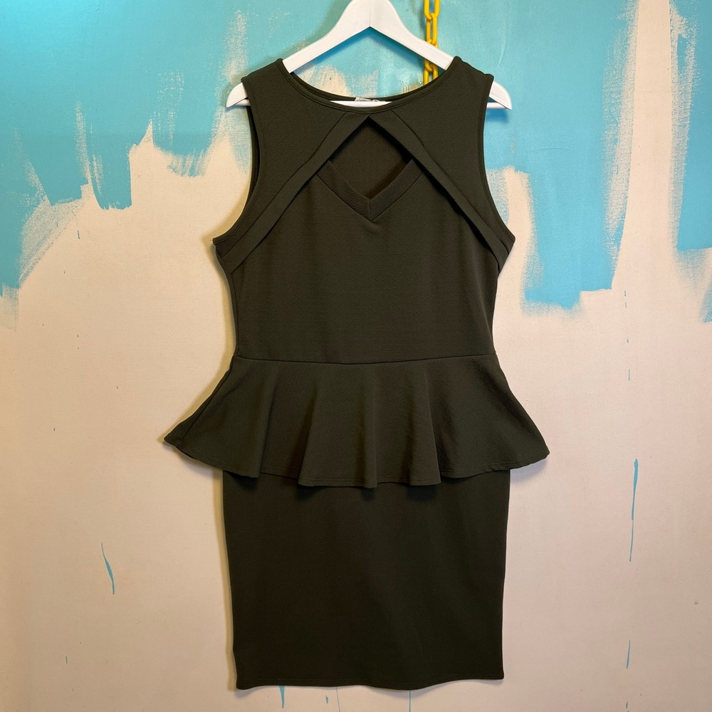 Minette USA Vintage Sleeveless Dark Green Peplum Cut-Out Dress Size M 18x15.5x37